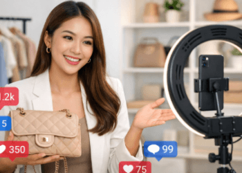 Seorang pembawa acara siaran langsung sedang menjelaskan keunggulan produk dengan ekspresi wajah yang ramah dan komunikatif.