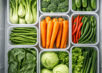 Tips menyimpan stok sayuran di dalam kulkas menggunakan wadah terorganisir agar tetap segar.