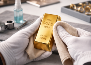 Seseorang sedang mempraktikkan tips merawat emas batangan menggunakan sarung tangan kain halus.