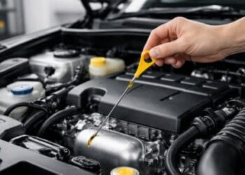 Seorang mekanik sedang melakukan pengecekan oli sebagai tips mesin mobil tetap prima