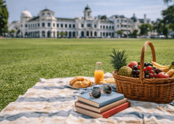 Persiapan perlengkapan piknik keluarga di atas rumput hijau Lapangan Merdeka Medan sebagai bagian dari tips piknik di Lapangan Merdeka Medan.