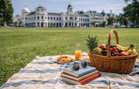 Persiapan perlengkapan piknik keluarga di atas rumput hijau Lapangan Merdeka Medan sebagai bagian dari tips piknik di Lapangan Merdeka Medan.