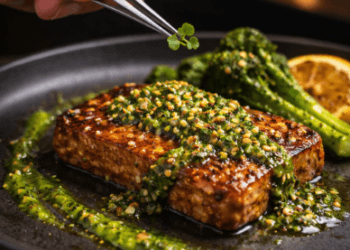 Penerapan Tips Plating Mewah pada hidangan steak tempe guna meningkatkan nilai estetika masakan rumah.