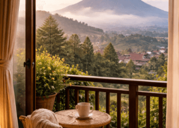 Pemandangan indah Gunung Sinabung dari jendela kamar hotel saat sedang melakukan staycation murah di Berastagi pada hari kerja.