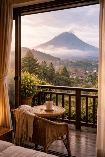 Pemandangan indah Gunung Sinabung dari jendela kamar hotel saat sedang melakukan staycation murah di Berastagi pada hari kerja.