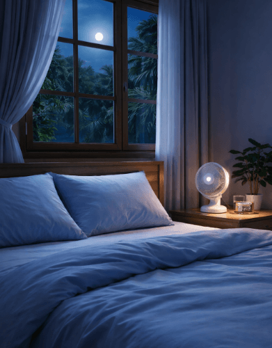 Panduan tips tidur nyenyak saat cuaca panas malam hari di Medan dengan sprei katun dan ventilasi udara yang baik.