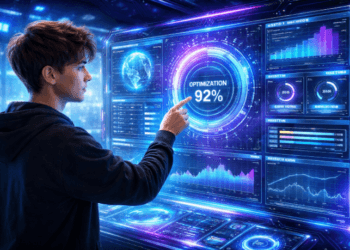 Seseorang sedang mengoptimalkan sistem digital menggunakan antarmuka holografik canggih.