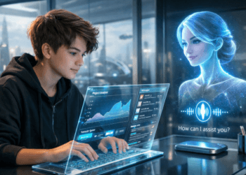 Ilustrasi seseorang menggunakan teknologi AI masa depan untuk produktivitas.