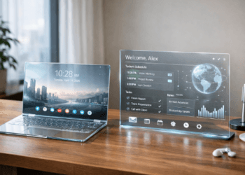 Ilustrasi meja kerja futuristik dengan laptop canggih dan antarmuka teknologi tahun 2026