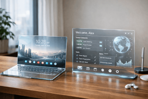 Ilustrasi meja kerja futuristik dengan laptop canggih dan antarmuka teknologi tahun 2026