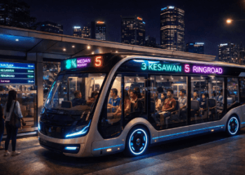 Armada bus listrik ramah lingkungan dalam layanan Transportasi Malam Medan 2026.