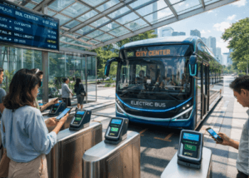 Armada bus listrik modern di halte pusat kota Medan yang melayani rute transportasi publik terintegrasi bagi warga dan wisatawan.