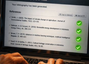 Infografis panduan merangkai rujukan mesin canggih yang menampilkan aplikasi cerdas pembuat format tulisan akademis.