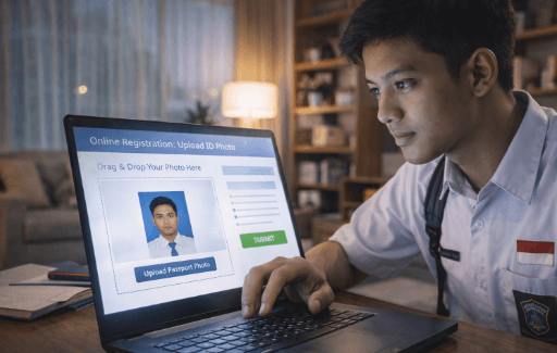 Infografis trik masukkan gambar profil pendaftaran yang menampilkan peserta menerapkan jurus unggah foto akun SNPMB.