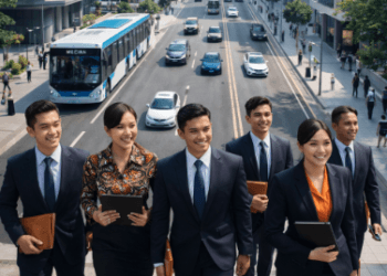 Pemandangan distrik keuangan modern dan profesional muda perbankan di Bank Medan April 2026 yang dinamis