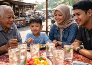 Keluarga sedang menikmati kuliner viral Medan dengan perlindungan dari cuaca panas ekstrem.