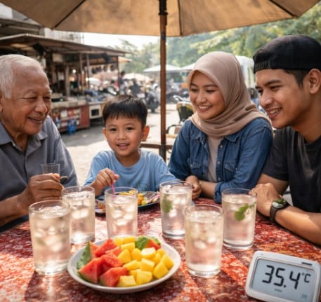 Keluarga sedang menikmati kuliner viral Medan dengan perlindungan dari cuaca panas ekstrem.