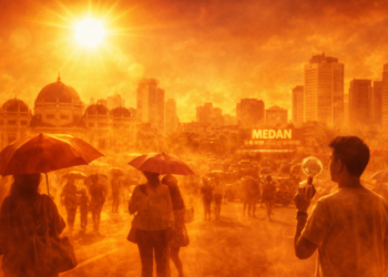Waspada gelombang panas April 2026 di Medan yang menunjukkan fenomena cuaca ekstrem dengan suhu udara yang sangat tinggi menyengat.