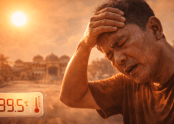 Seorang warga yang harus waspada heatstroke Medan saat beraktivitas di bawah terik matahari ekstrem April Hot Spell 2026.