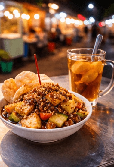 Menu makanan sehat berupa rujak buah segar dan teh jahe hangat di pusat wisata kuliner malam Medan.