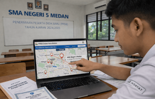 Siswa melihat peta zonasi sekolah Medan untuk pendaftaran PPDB
