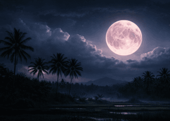 Fenomena Pink Moon April 2026 yang bersanding dengan awan tebal di langit Indonesia.