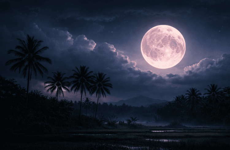Fenomena Pink Moon April 2026 yang bersanding dengan awan tebal di langit Indonesia.