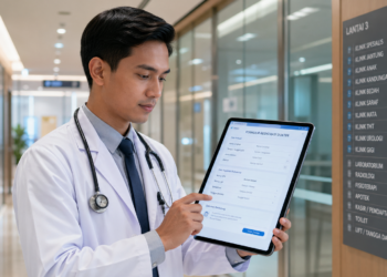 Formasi CPNS Nakes Kemenkes 2026, Foto tenaga medis profesional berseragam putih sedang meninjau dokumen pendaftaran elektronik di lorong rumah sakit modern,
