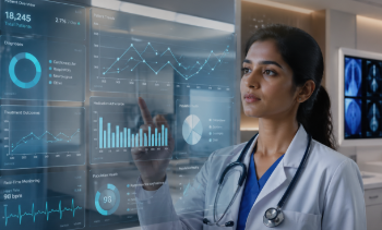 Foto tenaga medis muda sedang menganalisis data statistik formasi aparatur sipil negara pada layar digital transparan di klinik modern,