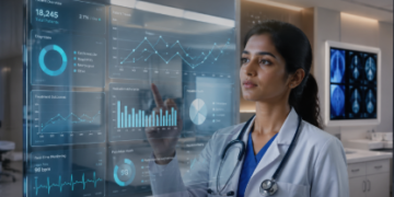 Foto tenaga medis muda sedang menganalisis data statistik formasi aparatur sipil negara pada layar digital transparan di klinik modern,