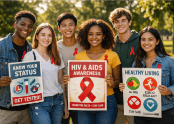 Kelompok remaja mengenakan pita merah memperingati Hari Kesadaran HIV dan AIDS Remaja Nasional 10 April.