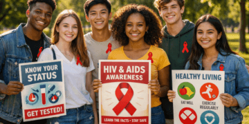 Kelompok remaja mengenakan pita merah memperingati Hari Kesadaran HIV dan AIDS Remaja Nasional 10 April.