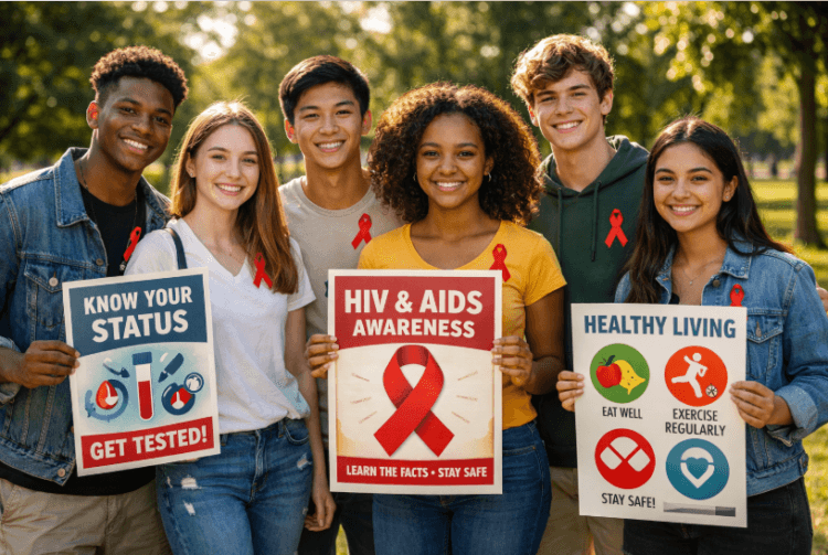 Kelompok remaja mengenakan pita merah memperingati Hari Kesadaran HIV dan AIDS Remaja Nasional 10 April.