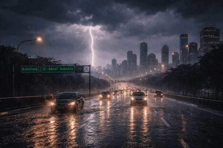 Kendaraan melintasi jalan raya saat hujan lebat dan cuaca ekstrem akibat Monsun Australia.