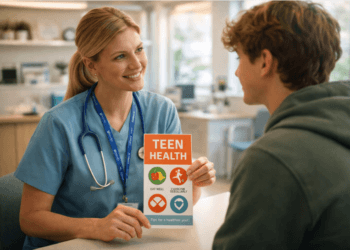 Konsultasi dokter dengan pasien remaja mengenai prosedur tes kesehatan yang aman dan rahasia.