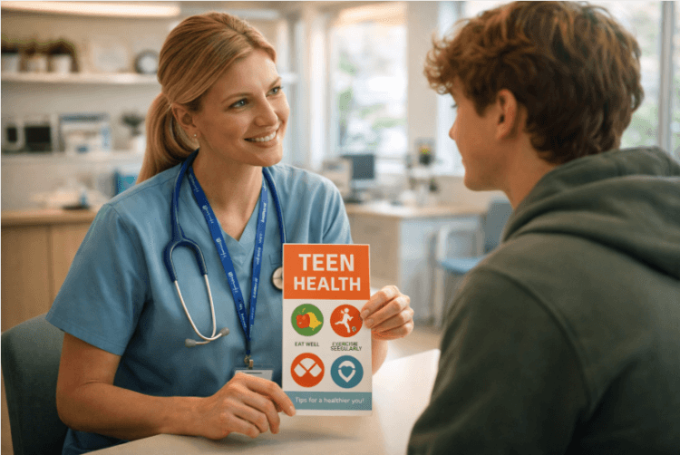 Konsultasi dokter dengan pasien remaja mengenai prosedur tes kesehatan yang aman dan rahasia.