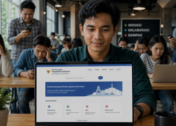 Foto pelamar profesional sedang menelusuri daftar lowongan formasi kementerian pada layar komputer jinjing secara teliti,