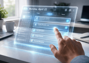 Seseorang mengelola jadwal harian menggunakan teknologi navigasi produktivitas AI tahun 2026.