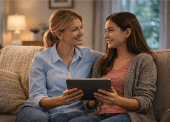 Orang tua sedang berdiskusi secara terbuka dengan anak remaja mengenai kesehatan reproduksi di rumah.