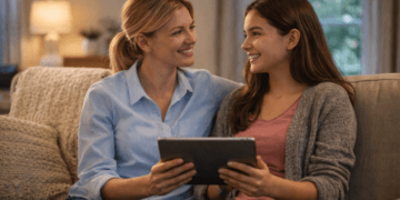 Orang tua sedang berdiskusi secara terbuka dengan anak remaja mengenai kesehatan reproduksi di rumah.