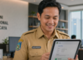PPPK Daftar CPNS 2026, Foto pegawai pemerintah berseragam dinas sedang membaca dokumen persetujuan digital dengan ekspresi bahagia di dalam ruang kerja yang terang,