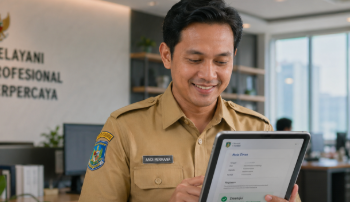 PPPK Daftar CPNS 2026, Foto pegawai pemerintah berseragam dinas sedang membaca dokumen persetujuan digital dengan ekspresi bahagia di dalam ruang kerja yang terang,