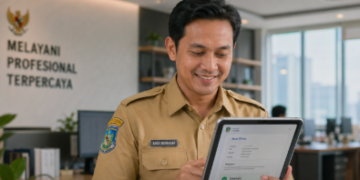 PPPK Daftar CPNS 2026, Foto pegawai pemerintah berseragam dinas sedang membaca dokumen persetujuan digital dengan ekspresi bahagia di dalam ruang kerja yang terang,