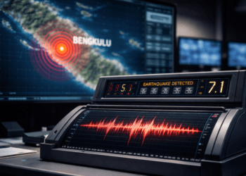 Pemantauan aktivitas seismik dan grafik getaran pasca kejadian Gempa Bengkulu April 2026 oleh petugas BMKG.