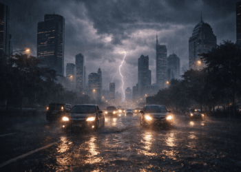 Peta peringatan potensi hujan lebat di sejumlah wilayah Indonesia pada awal April 2026.