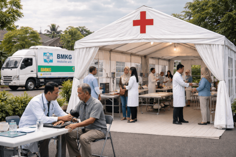 Petugas medis memberikan layanan kesehatan darurat kepada warga di posko siaga bencana pada April 2026.