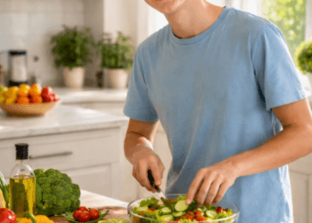 Remaja sedang menyiapkan makanan bergizi seimbang untuk menjaga imunitas dan kesehatan tubuh.