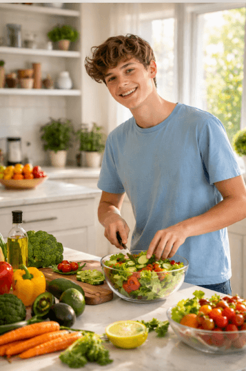 Remaja sedang menyiapkan makanan bergizi seimbang untuk menjaga imunitas dan kesehatan tubuh.