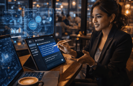 Infografis trik rintis usaha mandiri cerdas yang menampilkan warga mempraktikkan jurus cari ide bisnis baru.