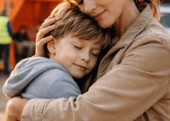 Seorang ibu memberikan pelukan menenangkan kepada anaknya guna mengurangi rasa trauma pasca kejadian gempa bumi.